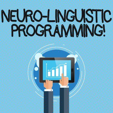 Kavramsal el Neuro Linguistic Programming gösterilen yazma. İş fotoğraf vitrine yaklaşım iletişim ve psikoterapi işadamı el dokunaklı üstünde Smartphone perde çubuk grafik için.