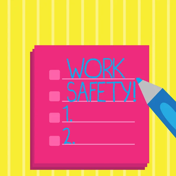 Text sign showing Work Safety. Conceptual photo policies and procedures in place to ensure health of employees Blank Colorful To Do Check List Planner Sheets with Tick Box and Marker Pen.