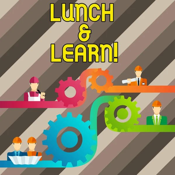 Conceptuele hand schrijven weergegeven: Lunch en leren. Zakelijke foto tekst defiend als seminar aangeboden tijdens de vrije lunch om te testen het Cog Gear instelling pictogram verbinding mannen uit verschillende karakter. — Stockfoto