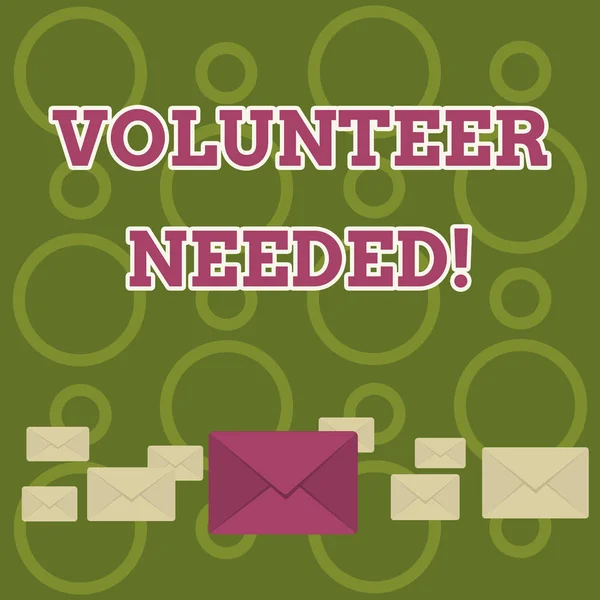 Word writing text Volunteer Needed. Business concept for need work for organization without being paid Pastel Color Closed Envelopes in Different Sizes with Big one in the Middle.