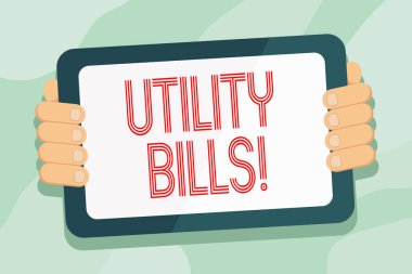 El yazısı metin Utility faturaları. Kavram anlam tutar ev elektrik su için ödeme her ay renk Tablet Smartphone boş ekran el geri of Gadget'tan ile beklenen..