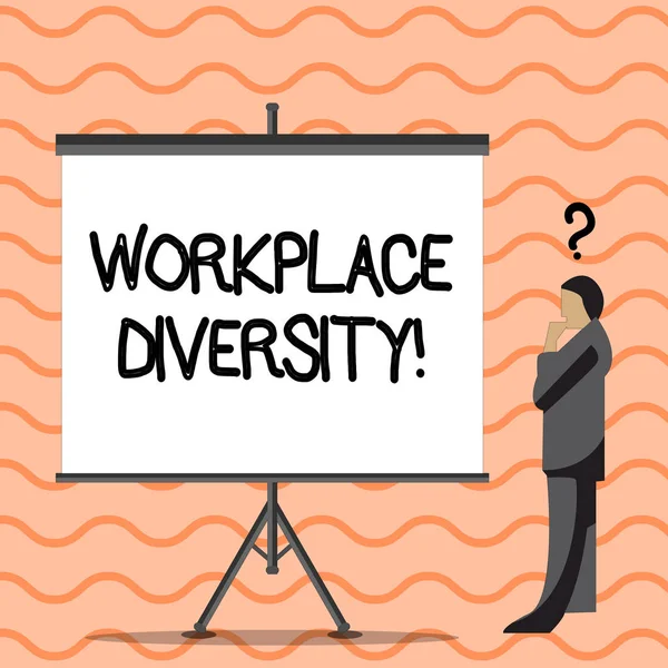 Writing note showing Workplace Diversity. Business photo showcasing include race gender religion and sexual orientation Businessman with Question Mark Above his Head Blank Screen.
