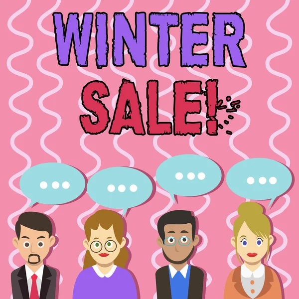 Text sign showing Winter Sale. Conceptual photo occasion when shop sells things at less than their normal price Group of Business People with Blank Color Chat Speech Bubble with Three Dots.