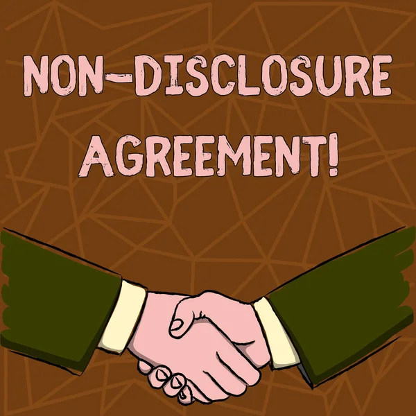 Text znamení ukazující Non Disclosure Agreement. Konceptuální fotografie, strany se dohodly nesdělují důvěrné informace podnikatelé třes rukou pevně jako gesto formě pozdrav a dohoda. — Stock fotografie