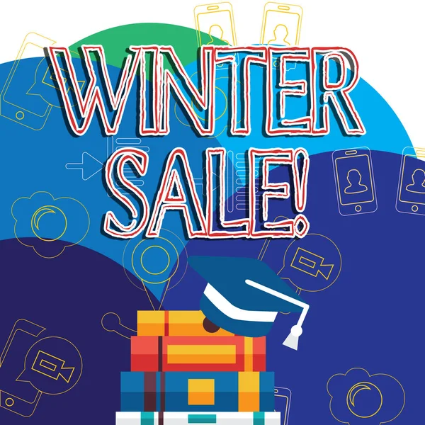 Writing note showing Winter Sale. Business photo showcasing occasion when shop sells things at less than their normal price Graduation Cap Tassel Resting on Stack Colorful Thick Books.