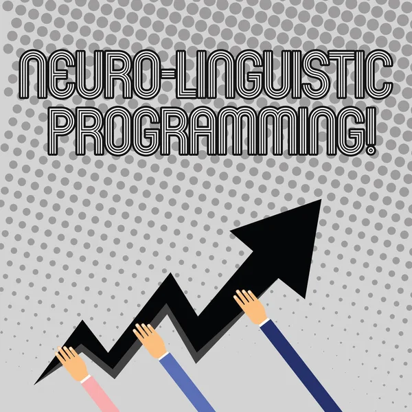 神経言語プログラミングを書く手書き文字。概念意味アプローチ コミュニケーションと心理療法の 3 つの手を保持しているカラフルなジグザグ雷矢印向いていると起きて. — ストック写真