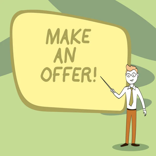 Writing note showing Make An Offer. Business photo showcasing one will pay specified amount of money for something Confident Man in Tie, Eyeglasses and Stick Pointing to Board. — Stock Photo, Image