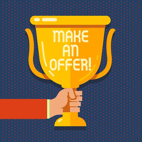 Handwriting text Make An Offer. Concept meaning one will pay specified amount of money for something Hand Holding Blank Golden Championship Winners Cup Trophy with Reflection. — Stock Photo, Image