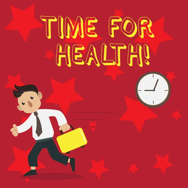 Conceptual hand writing showing Time For Health. Business photo showcasing moment for physical mental and not merely absence disease Man Carrying Briefcase Walking Past the Analog Wall Clock. — Stock Photo, Image