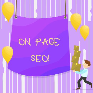 Metin yazma üzerinde Page Seo kelime. İş kavramı içinde web sitesi alınan önlemler için geliştirmek konum arama sıralamalarını adam taşıyan kazık, kutuları boş branda Merkezi ve balonlar ile.