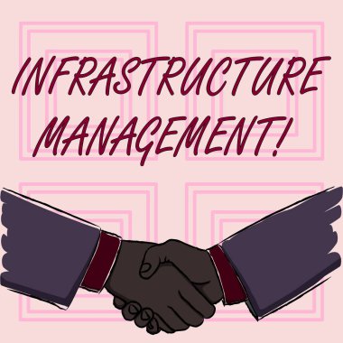 Conceptual hand writing showing Infrastructure Analysisagement. Business photo showcasing basic physical and organizational structures Businessmen Shaking Hands Form of Greeting and Agreement. clipart