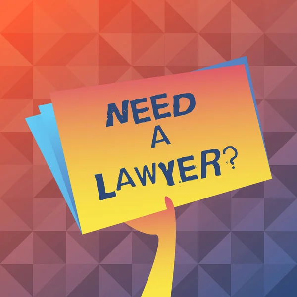 Text sign showing Need A Lawyer Question. Conceptual photo asking if need demonstrating who practises or studies law Hand Holding and Raising Blank Space Colorful File Folder with Sheet Inside. — Stock Photo, Image