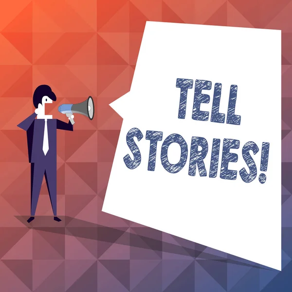 Text sign showing Tell Stories. Conceptual photo description of event or something that happened to someone Businessman Shouting on Megaphone and Blank White Uneven Shape Speech Bubble.