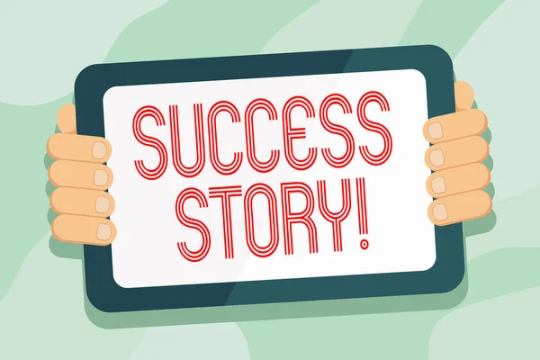 Handwriting text Success Story. Concept meaning story of demonstrating who rises to fortune or brilliant achievement Color Tablet Smartphone with Blank Screen Handheld from the Back of Gadget. — Stock Photo, Image