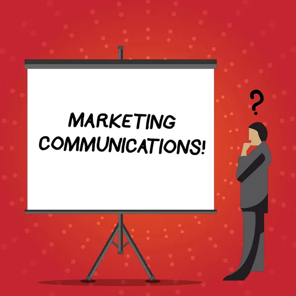 概念的な手書きのマーケティング コミュニケーションを示します。ビジネス写真テキスト広告個人販売と販売促進実業家クエスチョン マークの上に彼の頭の空白の画面. — ストック写真