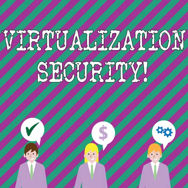 stock image Text sign showing Virtualization Security. Conceptual photo running multiple virtual instances on single device Businessmen Each has their Own Speech Bubble with Optimization Cost Icons.