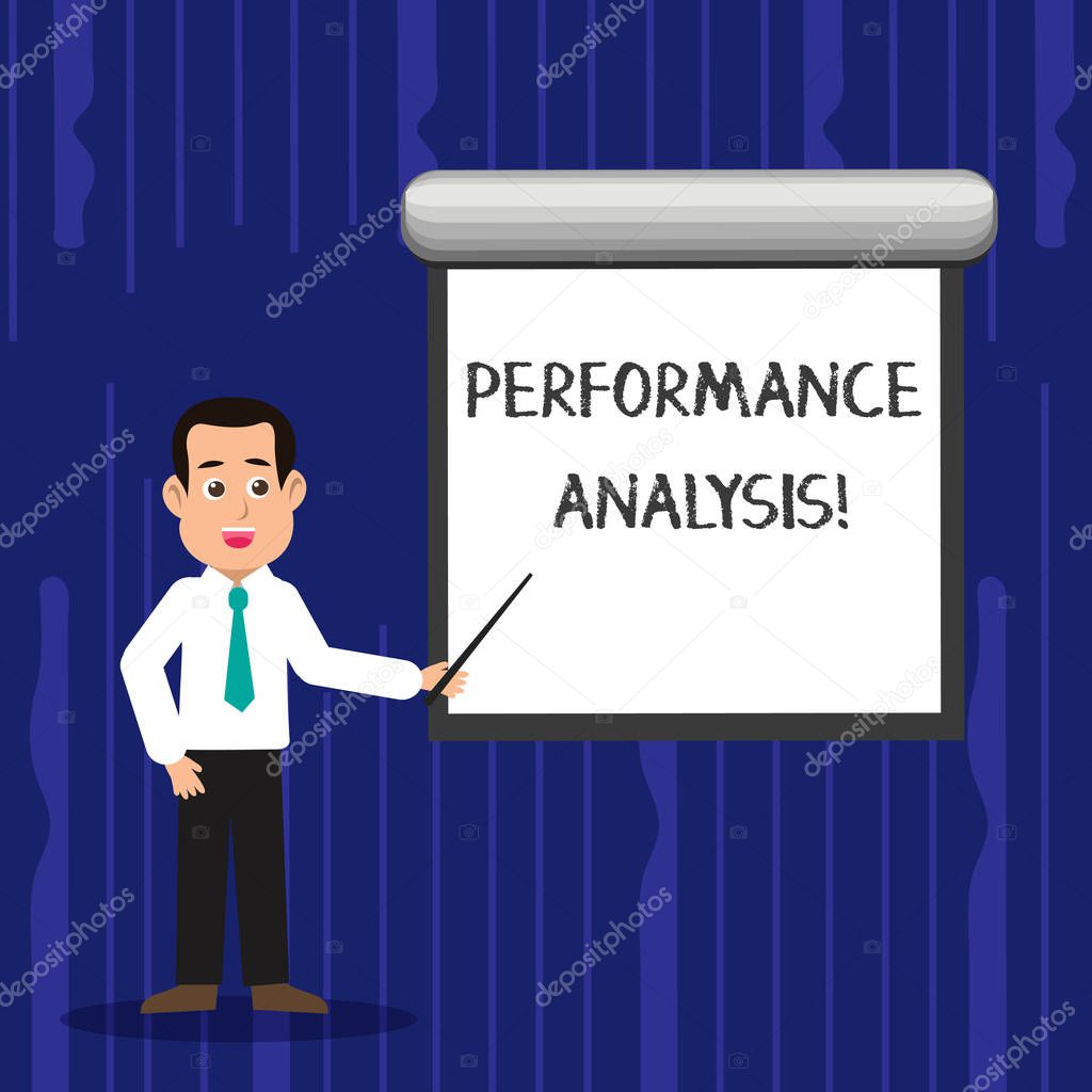 Text sign showing Perforanalysisce Analysis. Conceptual photo analyzing Productivity imrpove Quality input Time Man in Necktie Talking Holding Stick Pointing to Blank White Screen on Wall.