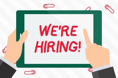 Re işe gösterilen metin işareti. Kavramsal fotoğraf son zamanlarda biri istihdam veya onu belirli iş el Holding işaret dokunmadan boş dikdörtgen renk Tablet beyaz ekran yapmak için ödeme.