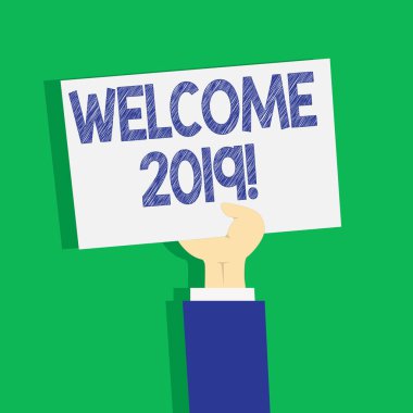 Hoşgeldiniz 2019 gösterilen metin işareti. Kavramsal fotoğraf örneği veya yeni yıl Clipart, el Holding kadar boş sac beyaz kağıt gibi birini Pastel zemin üzerinde tebrik analysisners.