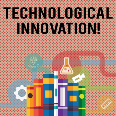 Teknolojik yenilik gösterilen metin işareti. Kavramsal fotoğraf oluşturan yeni ürün ve onun önemli değişiklikleri kitaplar düzenlenmiş ayakta satırda ile çeşitli eğitim simgeler arkasında.