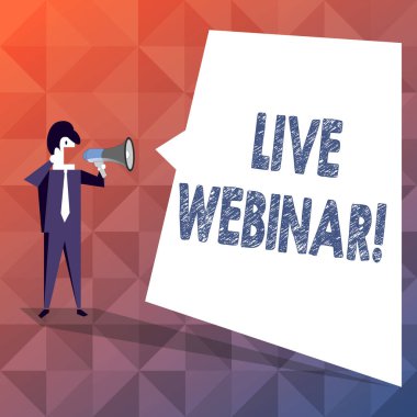 Yaşamak Webinar gösterilen metin işareti. Kavramsal fotoğraf sunumu ders veya Web siteleri işadamı bağırarak megafon ve boş beyaz düzensiz şekil konuşma balonu üzerinden iletilen Semineri.