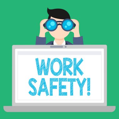 Word metin yazma iş güvenliği. İş kavramı için politikalar ve prosedürler çalışan adam tutarak ve Looking dürbün arkasında açık boş alan Laptop ekran içine Sağlık sağlamak için.