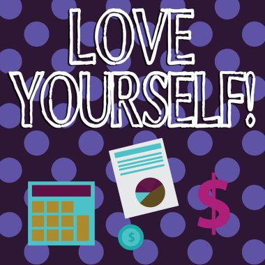 Kavramsal el aşk kendine gösterilen yazma. İş fotoğraf metin var öz saygı olumlu imaj ve koşulsuz kabul dolarlık yatırım altın ve pasta grafiği aracılığıyla veri sunma.