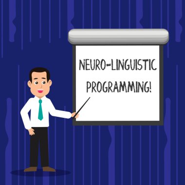 Neuro Linguistic Programming gösterilen metin işareti. Kavramsal fotoğraf yaklaşım iletişim ve psikoterapi adam kravat konuşurken elinde sopa işaret boş beyaz ekran duvar.