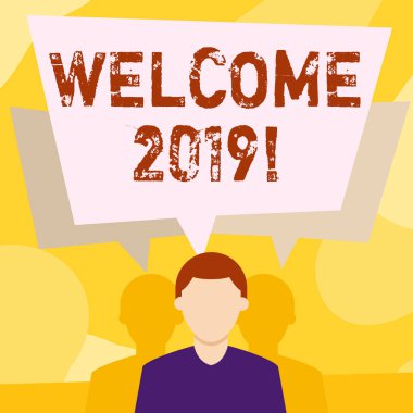 Kavramsal el hoş geldiniz 2019 gösterilen yazma. İş fotoğraf metin örneği veya yeni yıl yüzü olmayan adam gibi birini tebrik analysisners konuşma balonu çakışan iki gölgeler vardır.