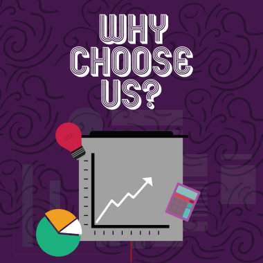 Kavramsal el neden seçmek bize soru gösterilen yazma. Ürün yatırım pastası simgeler ve ok Going Up ile çizgi grafiği seçmek için listeyi avantajları dezavantajları vitrine iş fotoğraf.