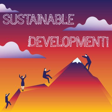 Sürdürülebilir kalkınma yazma el yazısı metin. İş insanlar tırmanışı renk dağ kendilerini tutan görünmez ip tarafından doğal kaynakların tükenmesi olmadan geliştirme kavramı anlamı.