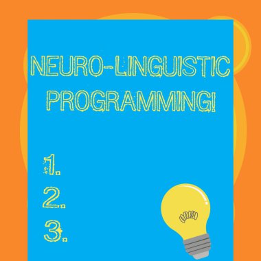 Neuro Linguistic Programming gösteren Not yazma. İş fotoğraf vitrine yaklaşım iletişim ve psikoterapiye ampul filament iç boş renkli kağıt üzerinde istirahat.