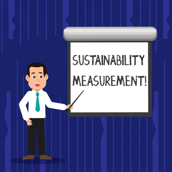 Szöveg jel mutatja a fenntarthatóság mérés. Fogalmi fénykép intézkedés környezetvédelmi társadalmi és gazdasági területek férfi nyakkendő beszél gazdaság Stick mutatva-hoz üres fehér képernyő, a fal. — Stock Fotó