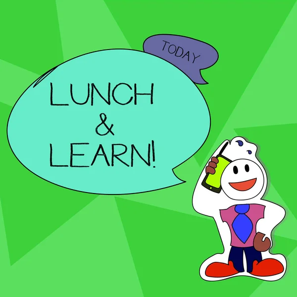 Word writing text Lunch And Learn. Business concept for defiend as seminar offered during free lunch to test it Smiley Face Man in Necktie Holding Smartphone to his Head in Sticker Style.