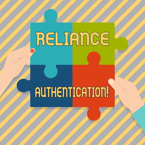 Text sign showing Reliance Authentication. Conceptual photo part of trust based identity attribution process Four Blank Multi Color Jigsaw Puzzle Tile Pieces Put Together by Human Hands. — Stock Photo, Image