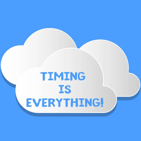 Word writing text Timing Is Everything. Business concept for Consideration events can influence some desired outcome Blank White Fluffy Clouds Cut Out of Board Floating on Top of Each Other. — Stock Photo, Image