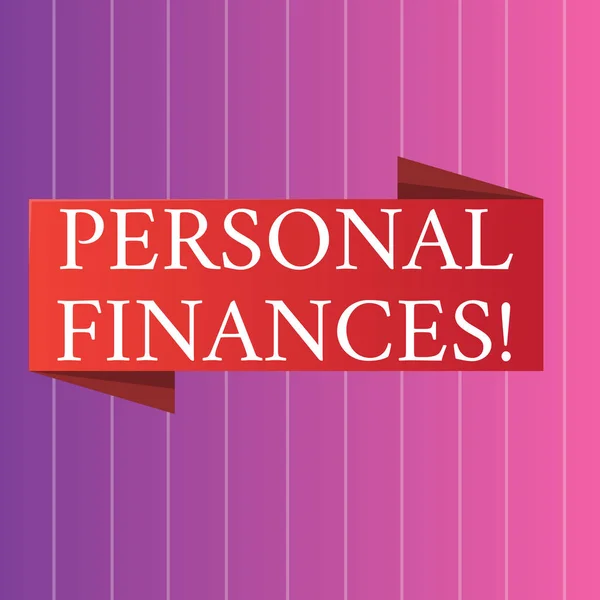 Word writing text Personal Finances. Business concept for analysisagement of money and financial decisions for demonstrating Blank Folded Color Banner photo on Vertically Striped Two Toned Backdrop.