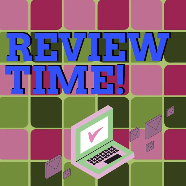 Text sign showing Review Time. Conceptual photo survey over whole subject or division it Summary of something Color Mail Envelopes around Laptop with Check Mark icon on Monitor Screen.