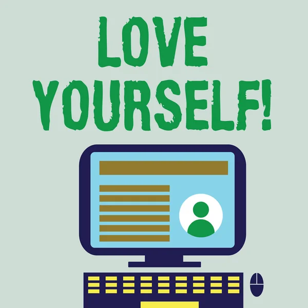 Γράφοντας κείμενο λέξη αγάπη τον εαυτό σου. Επιχειρηματική ιδέα για έχουν αυτο-σεβασμό θετική εικόνα και ανεπιφύλακτη αποδοχή Desktop υπολογιστή τοποθετημένα σε περίπτερο με Online προφίλ δεδομένων στην οθόνη. — Φωτογραφία Αρχείου