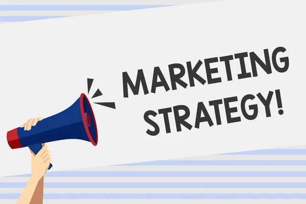 Writing note showing Marketing Strategy. Business photo showcasing plan of action promote and sell product or service Human Hand Holding Megaphone with Sound Icon and Text Space.