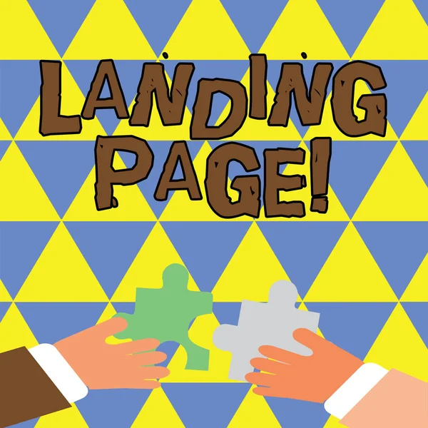 Uwaga: pisanie Wyświetlono Landing Page. Zdjęcie biznesowych prezentacji sieci web, która służy jako punkt wejścia dla określonej witryny ręce trzymając kawałki układanki o blokady płytek. — Zdjęcie stockowe