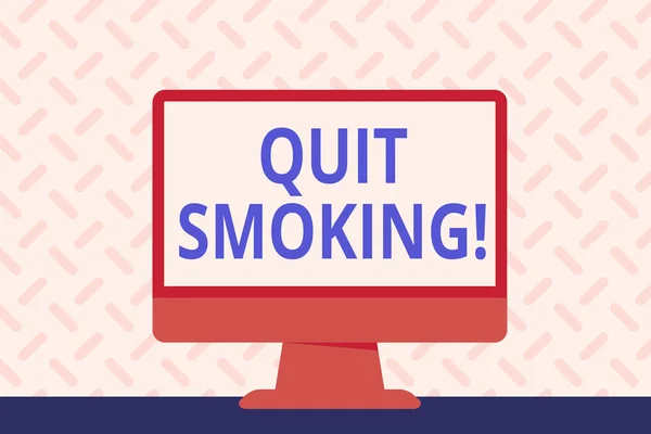显示戒烟的文字符号。停止烟草和任何其他吸烟者的概念照片过程空白空间桌面电脑彩色显示器屏幕独立在桌子上. — 图库照片