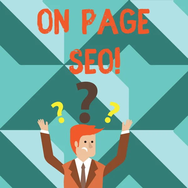 Tekst på side Seo. Business concept for measures taken within website forbedre position search rangering Confused Businessman Raising Both Arms with Question Marks over his Head . – stockfoto