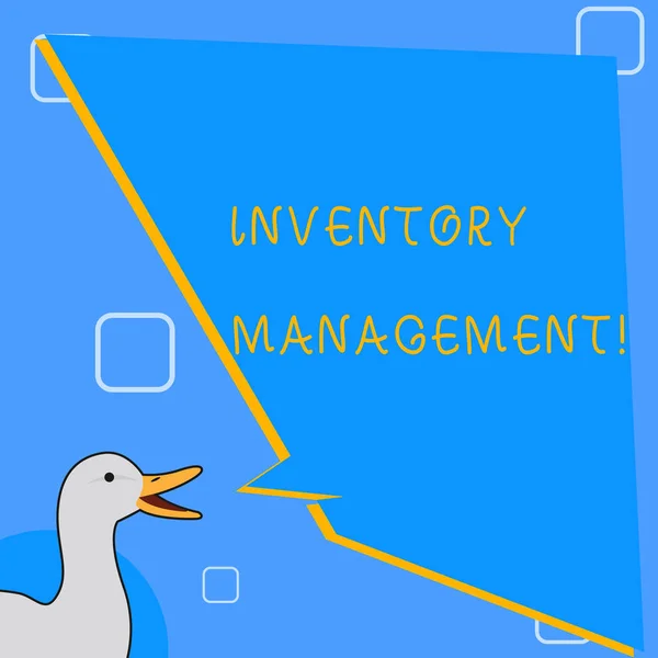 Word writing text Inventory Management. Business concept for supervision of non capitalized assets and stock items photo of Duck Speaking with Uneven Shape Blank Blue Speech Balloon.