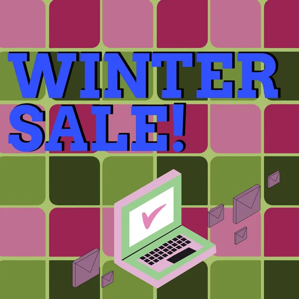 Text sign showing Winter Sale. Conceptual photo occasion when shop sells things at less than their normal price Color Mail Envelopes around Laptop with Check Mark icon on Monitor Screen.