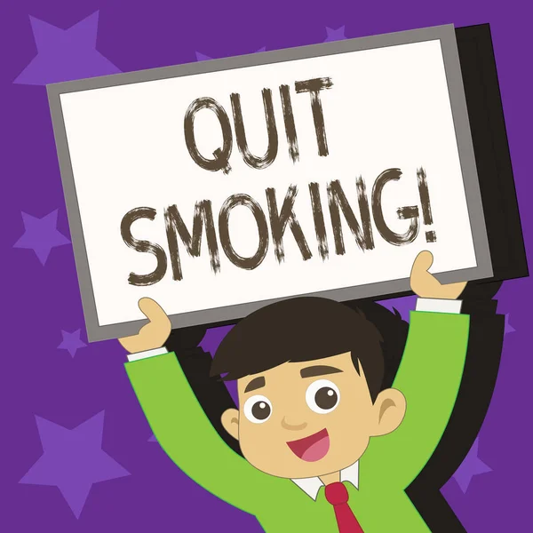 Conceptual hand writing showing Quit Smoking. Business photo text process of discontinuing tobacco and any other smokers Young Student Raising Upward Frame Whiteboard Above his Head. — Stock Photo, Image