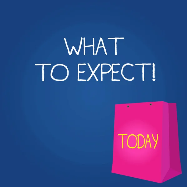 Text sign showing What To Expect. Conceptual photo asking about regard something as likely to happen occur Color Gift Bag with Punched Hole but Without Handle on Twotone Blank Space. — Stock Photo, Image