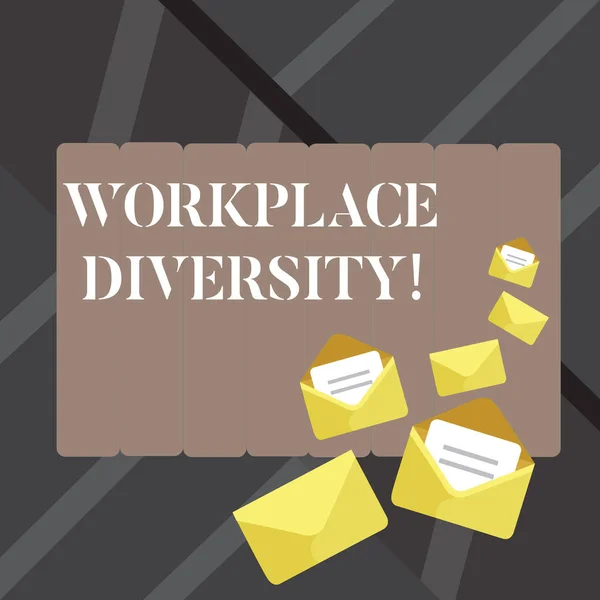 Text sign showing Workplace Diversity. Conceptual photo include race gender religion and sexual orientation Closed and Open Envelopes with Letter Tucked In on Top of Color Stationery.