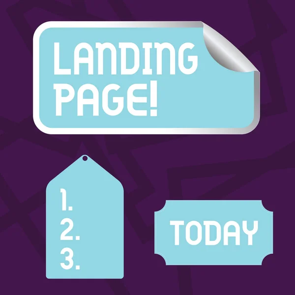 Szöveg jel mutatja a Landing Page. Fogalmi fénykép web, amely arra szolgál, mint a belépési pont a különös website üres színes címkét, önálló öntapadó matrica határ, a hajlított sarok és a Tag. — Stock Fotó