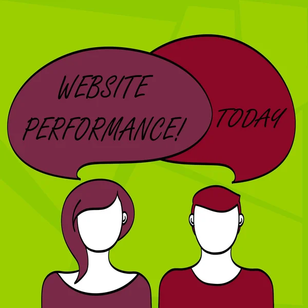 Writing note showing Website Perforanalysisce. Business photo showcasing measurement analysis and reporting of web data Faces of Male and Female Colorful Speech Bubble Overlaying. — Stock Photo, Image